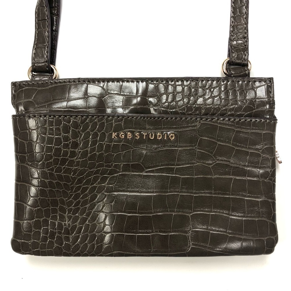 KGB brown croc multi-pocket gusseted zip top cross body purse